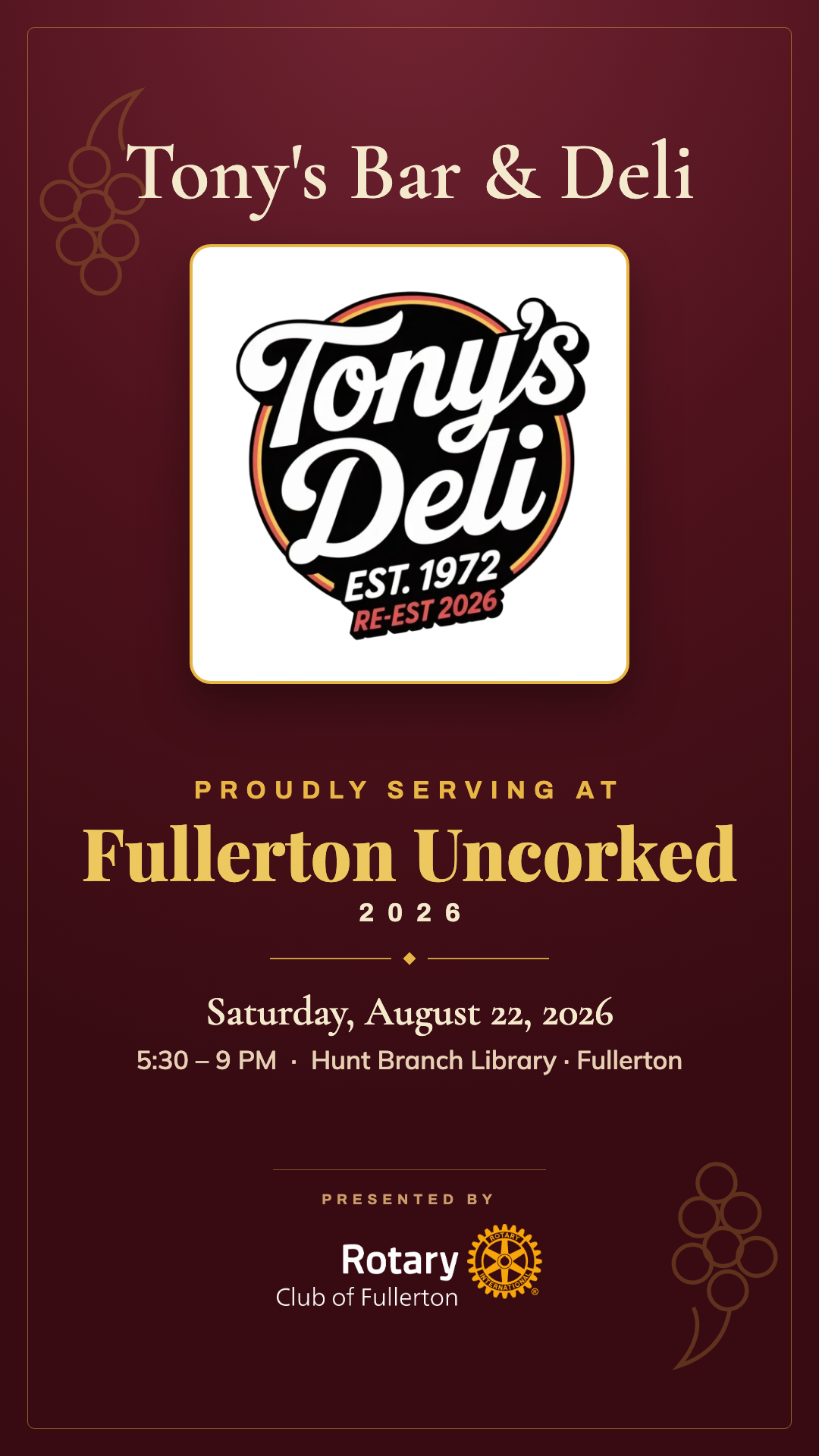 Tony's Bar & Deli story graphic, 1080 by 1920